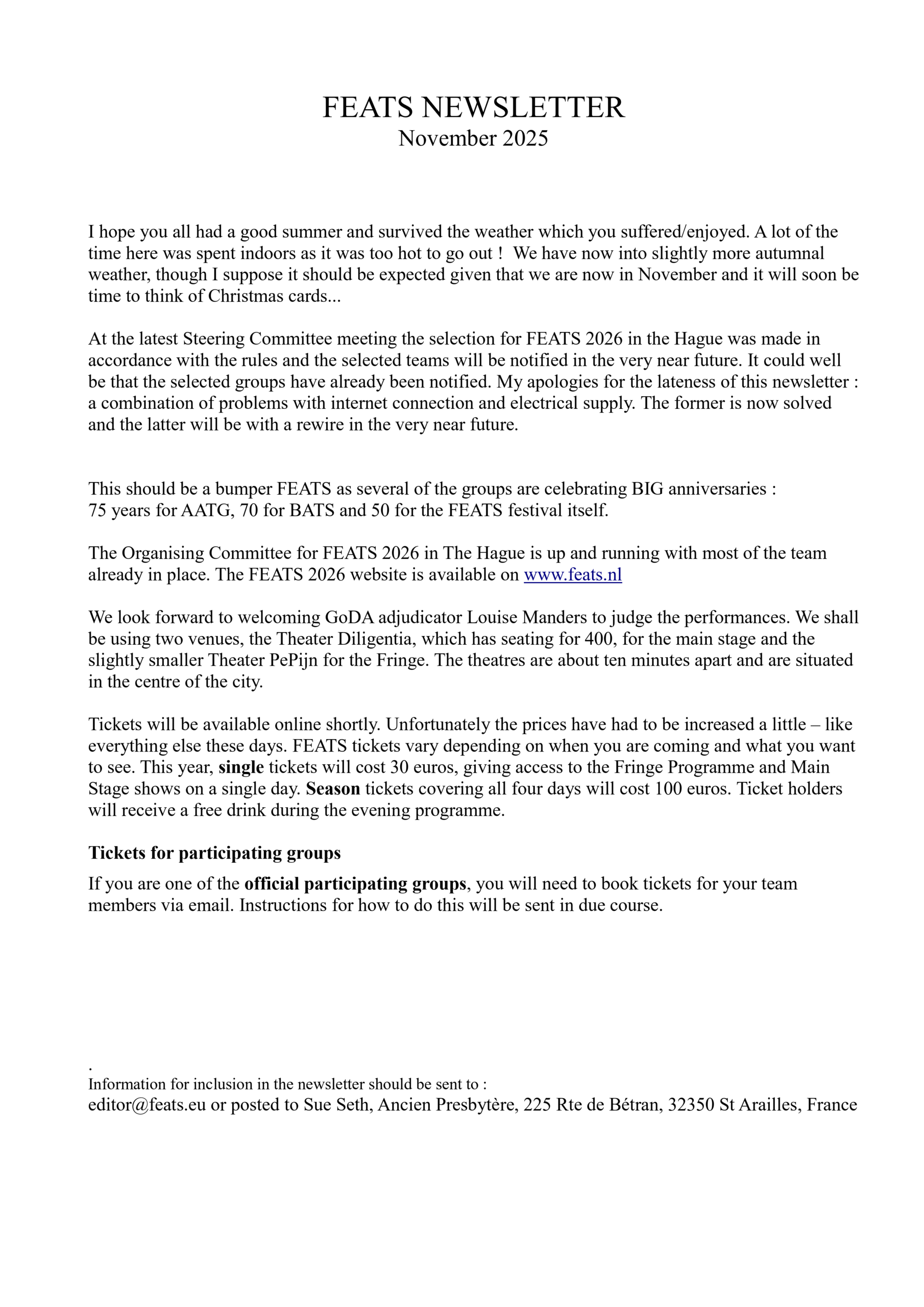 FEATS newsletter, November 2025